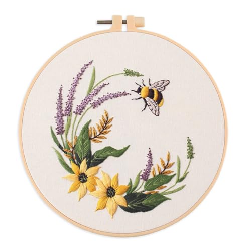 Meecaa Bee Flower Animal Embroidery Kit Starter Set, Hand Embroidery Set,Pattern Printed Cross Stitch Set for Beginner Adults, with Embroidery Hoop and Instructions (Bee 4)