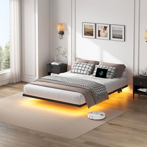 YORMDMO Floating Bed Frame Full Size, Heavy Duty Bedframe with Smart LED Lights & Charging Station, Modern Metal Platform Bed, Easy Assembly No Box Spring Needed, 8 Inch YORMDMO