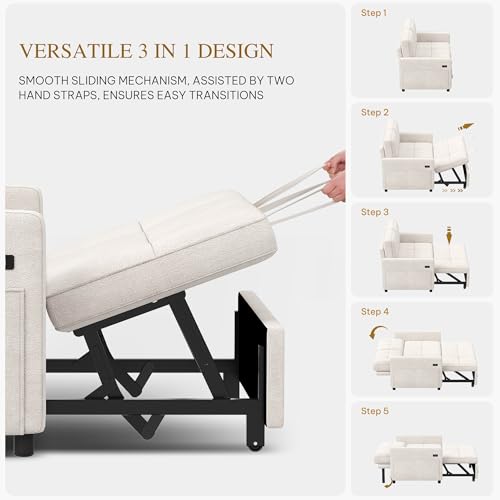 DWVO 3 in 1 Convertible Sleeper Sofa Bed, 55" Pull Out Sofa Bed with Adjustable Backrest and USB, Velvet Futon Couch with Side Pockets for Living Room, Beige DWVO