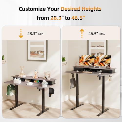 JOY worker Height Adjustable Electric Standing Desk with Storage Shelves, 48 Inch Table with Built-in Monitor Stand, Sit Stand Desk with 2 Hooks for Home Office, Grey Desktop & Black Frame JOY worker