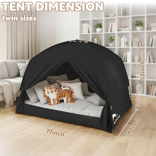 Bed Tents for Kids and Adult, Portable 100% Breathable and 93% Blackout Toddler Dream Play Tent, 3 Doors Big Privacy Space Sleeping Canopy for Floor or Twin Full Queen Sizes Bed (Black, Twin-Size)