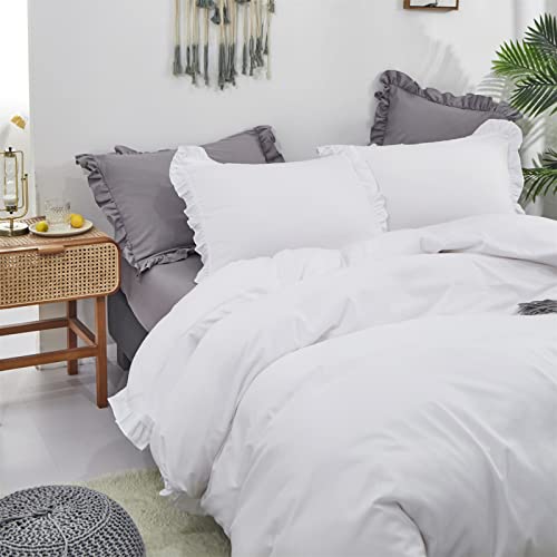 CLOTHKNOW White Ruffles Queen Comforter Set Farmhouse Bedding Comforter Sets Shabby Chic Comforter Soft Comforter with 2 x Pillow Cases CLOTHKNOW
