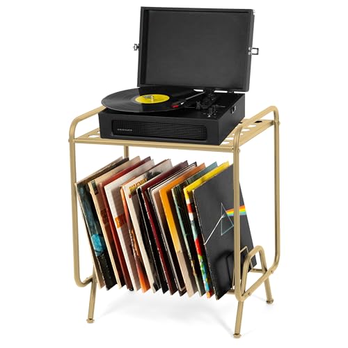 Ilyapa 2-Tier Gold Metal Record Player Stand with 16 Slot Vinyl Record Holder - Honeycomb Design Turntable Shelf with Vinyl Shelf Ilyapa
