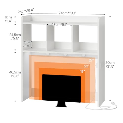 HOOBRO Desktop Bookshelf, Office Desktop Shelf, Desk Hutch with Outlets, Wooden Office Desktop Bookcase, Desktop Organizer Shelf with LED Light Strip and 3 Hooks, for Home, Study, White WT12UDSJ01 HOOBRO