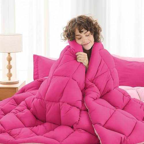 MUXHOMO 7 Pieces Full Comforter Set, Reversible Bed in a Bag Full Size, All Season Bedding Set with Comforter, Flat Sheet, Fitted Sheet, Pillowcases & Shams, Hot Pink & Baby Pink MUXHOMO