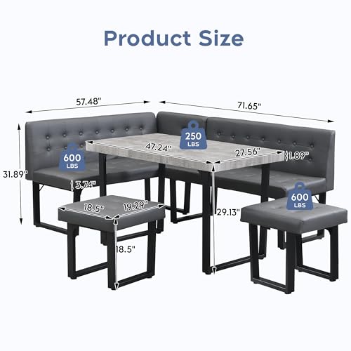 Modern Corner Dining Table Set, 72 Inch Breakfast Nook with Banquette, 5 Piece Set with Storage Bench, Grey XIAO WEI