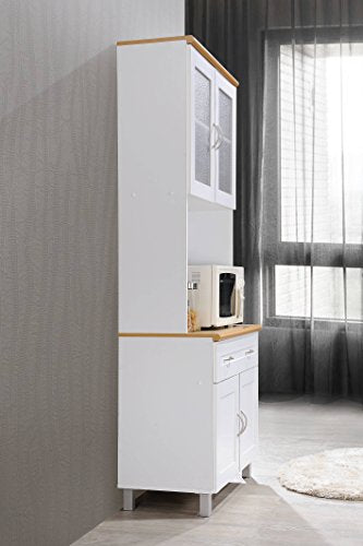 HODEDAH IMPORT Tall Standing Kitchen Cabinet with Top and Bottom Enclosed Cabinet Space, 1-Drawer, Large Open Space for Microwave in White Hodedah