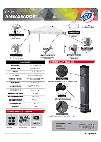 E-Z UP Ambassador Instant Pop Up Canopy Tent, 10' x 10', Roller Bag and 4 Piece Spike Set, White E-Z UP