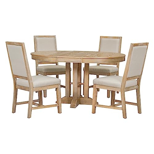 LUMISOL 5 Piece Round Extendable Dining Room Table Set with Chairs for Saving Space Solid Wood Round Kitchen Table Set, Natural Wood Wash LUMISOL