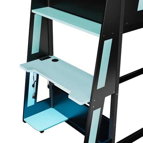 Brabrety Wooden Gaming Bunk Bed with Desk,Two Storage Shelves,USB and LED Light,for Kids Teens Bedroom Use (Black+Blue-D, Twin Over Twin) Brabrety