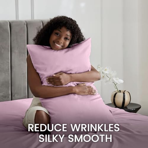 Revdomfly 3 Pcs Twin Size Luxury Silky Soft Pink Satin Sheet Set,1 Premium Moisture Wicking Fitted Sheet Fits Up to 16 Inches Deep Pocket + 1 Flat Sheet + 1 Pillowcases(Pink, Twin) Revdomfly