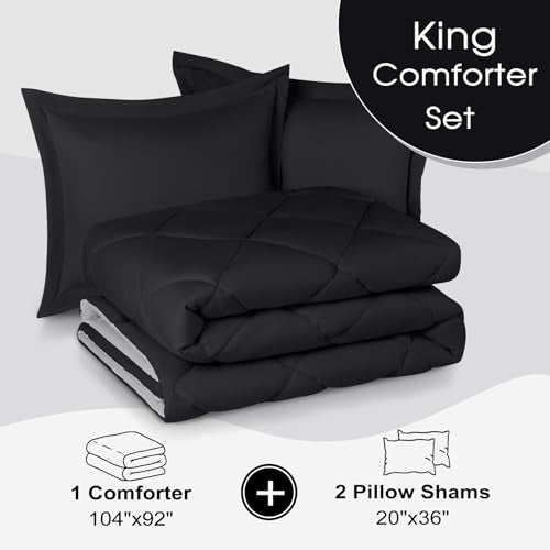 Basic Beyond King Size Comforter Set - Black Comforter Set King, Reversible King Bed Comforter Set for All Seasons, Black/Grey, 1 Comforter (104"x92") and 2 Pillow Shams (20"x36"+2") Basic Beyond