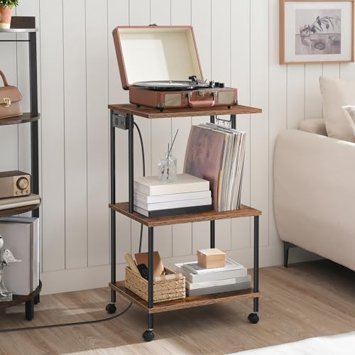 HOOBRO Printer Stand, Large Printer Table with Charging Station, Industrial Printer Storage Shelf with Wheels, 3-Tier Rolling Printer Cart for Home Office, Rustic Brown and Black BF48UPS01 HOOBRO