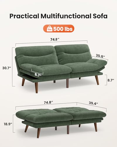 75″Futon Sofa Bed,3-in-1 Futon Couch w/Adjustable Backrest & Armrests, Convertible Sleeper Sofa Bed, Small Folding Sleeper Recliner w/Removable Cushion for Apartment, Living Room,Office (75in,Green) AMADA HOMEFURNISHING