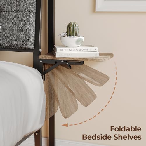 Salamir King Floating Bed Frame with LED & Charging Station, Ergonomic Upholstered Headboard with Folding Shelves Storage, Metal Slats Support, No Box Spring Needed, Easy Assembly, Noise-Free, Grey Salamir