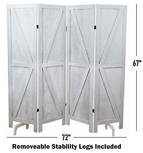 Premium Home 4-Panel Room Divider – Rustic White Barn Door, K Pattern Folding Privacy Screen, Partition Wall Premium Home Decor