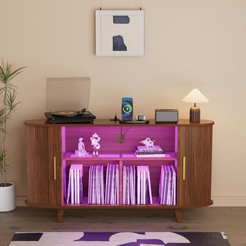 YKVIQBY Large Round Record Player Stand with Charging Station & USB Ports,Record Storage Cabinet for Bedroom (Walnut, 55in) YKVIQBY