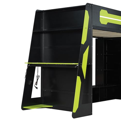 SOFTSEA Twin Gaming Loft Bed with Desk & RGB Lights, Wood Loft Bed Frame with Storage Shelves & Charging Station, Twin Size Gaming Bed for Teens & Kids Bedroom, Green SOFTSEA