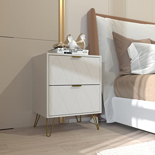 Anbuy White Nightstand Set of 2, End Side Table Double, Bedside Table with 2 Drawers, Dual Night Stand Metal Gold Legs for Bedroom Living Room Anbuy