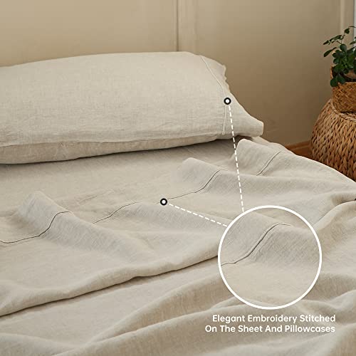 Simple&Opulence 100% Linen Sheet Set with Embroidery Washed - 3 Pieces (1 Flat Sheet & 1 Fitted Sheet & 1 Pillowcase) Natural Flax Soft Bedding Breathable Farmhouse - Linen, Twin Size Simple&Opulence