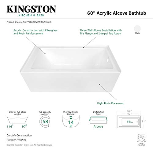 KINGSTON BRASS VTDE603122R 60-Inch Contemporary Alcove Acrylic Bathtub with Right Hand Drain and Overflow Holes, White Kingston Brass