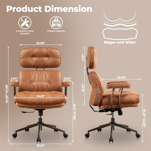 ovios Ergonomic Office Chair, High Back Faux Leather Executive Chairs with Thick Cushion, Comfy Mid-Century Modern Swivel Rolling Computer Armchair (Brown, Suede Leather) ovios