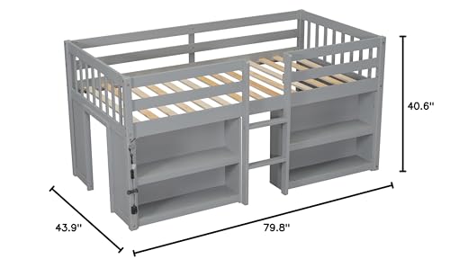 Harper & Bright Designs Low Loft Bed with Storage Shelves and LED Light for Kids, Twin Size, Gray Harper & Bright Designs