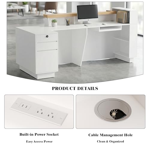 63" L-Shaped Reception Desk with LED Lights and Slatted Grille, Modern Front Desk with Built-in Outlets for Salon, Retail Store,Office,White Checkout Counter with Dimmable Switch,Reception Counter Laxodor