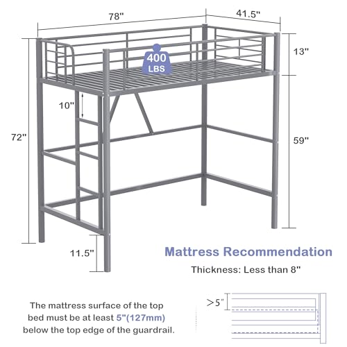 VECELO Metal Loft Bed Twin Size with Removable Ladder and Safety Guardrail, No Box Spring Needed, Space Saving, Noise Free, Grey VECELO