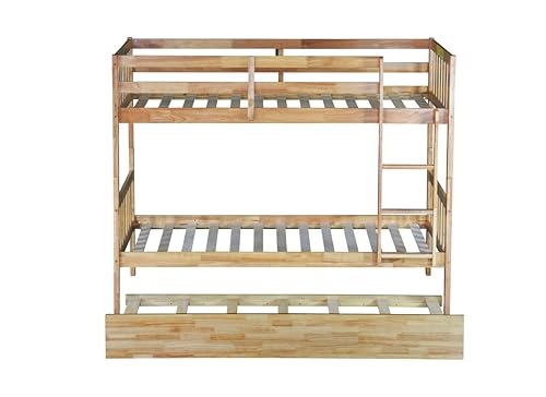 PVWIIK Convertible Bed Frame/Twin Size Rubber Wood Bunk Bed with Trundle for Kids/Boy/Girl Bedroom,Twin Over Twin Bunk Bed with Ladder and Safety Guardrails,No Box Spring Needed,Natural PVWIIK