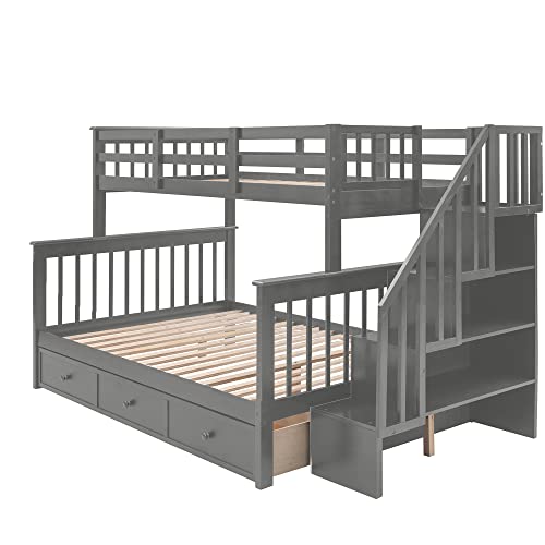 MERITLINE Grey Twin Over Full Bunk Bed with Stairs, Storage Drawers, and Safety Features MERITLINE