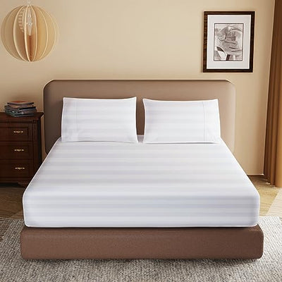100% Egyptian Cotton Fitted Sheet King Size, 600 Thread Count, Single Fitted Sheet Only,16" Deep Pocket Sheet, Soft & Elastic Sateen Weave Bottom Sheet for Hotel & Home (White-Stripe, King)