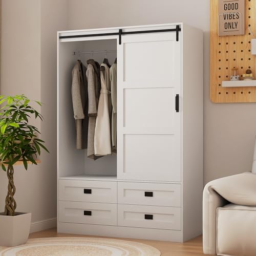 EMKK Tall Armoire Wardrobe Closet Clothing Cabinet with Hanging Rod Barn Door Drawers Open Shelves for Bedroom Freestanding Ar moires Storage OrganizerCabinet, 70.86" H, White EMKK