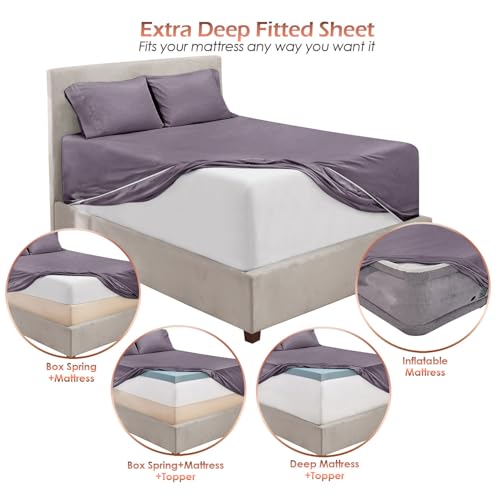 Hearth & Harbor Extra Deep Pocket Sheet Sets, Luxury Soft 6 Piece Bed Sheet Set Fits Mattress 18-24 Inches - King, Grayish Purple