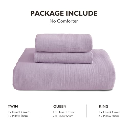 EMME Muslin Cotton Duvet Cover Set Lavender Queen Size Linen Like Soft Breathable Lightweight Summer Comforter Cover Set with Zipper Closure (Lavender, Queen, 90"x90") EMME