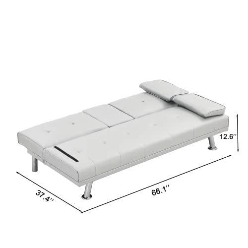 anwickjeff Convertible Folding Futon Sofa Bed with Metal Legs & 2 Cupholders, Modern New Upholstered Couch Loveseat Sleeper, Folding Couches Bed, Removable Armrests for Small Spaces (White) anwickjeff