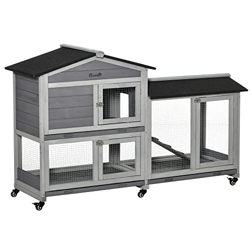 PawHut 62" Rabbit Hutch, Wooden Bunny Hutch, Guinea Pig Cage, Small Animal Enclosure with Wheels, Run Area, Removable Tray, Asphalt Roof, Lockable Doors and Ramp, Gray PawHut