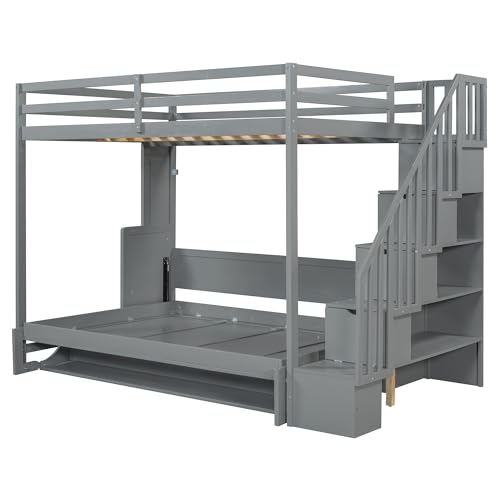 Merax Full Over Full Size Murphy Bed with Hydraulic Lift and Built-in Desk, Space-Saving Wall Bed with Desk Design, Ideal for Home Office, Small Rooms, or Apartments, Gray Merax