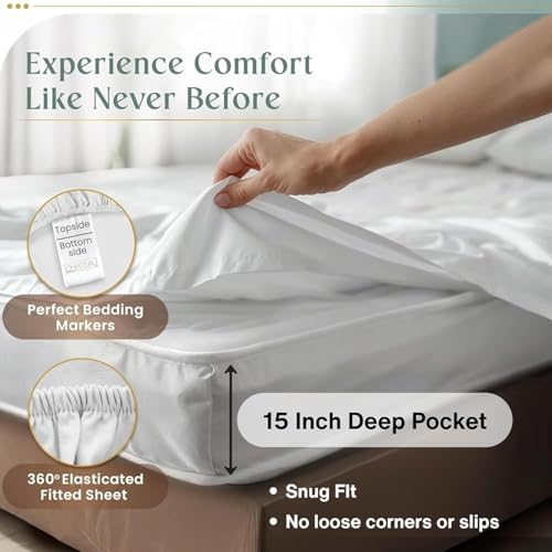 100% Egyptian Cotton Sheets Queen Size Bed Set, 15" Deep Pocket Queen Sheet set, Sateen Cotton Bed Sheet, Cool Soft Breathable No Pill Elasticated Luxury White Bedding For All Seasons