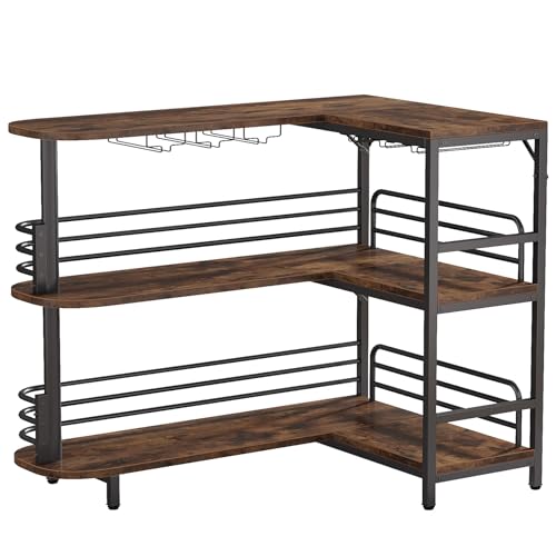 Tribesigns Rustic Brown L-Shaped Home Bar Unit with 3 Tiers and Wine Glass Holder Tribesigns
