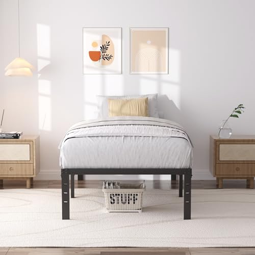 SHLAND Twin Bed Frames 16 Inch Metal Platform Bed Frame No Box Spring Needed, Twin Size Bed with Heavy Duty Strong Slat Support, Easy Assembly, No Noise, Black SHLAND