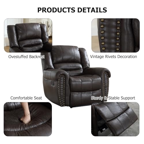 CANMOV Leather Recliner Chair, Classic and Traditional Manual Recliner Chair with Comfortable Arms and Back Single Sofa for Living Room, Dark Grey