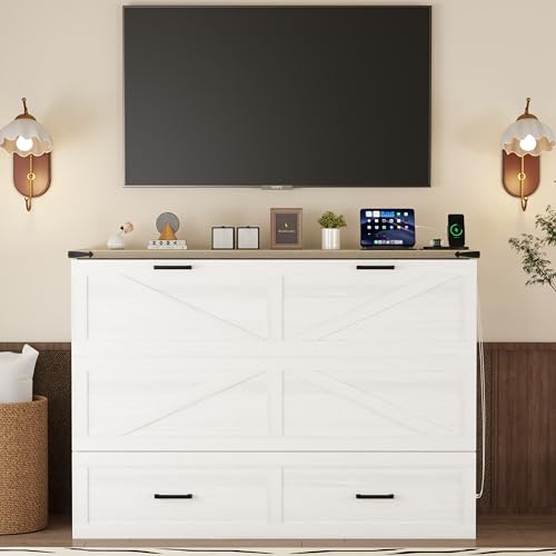 Harper & Bright Designs Queen Size Murphy Cabinet Bed with Charging Station & Storage Drawer, Farmhouse Style Wall Bed Folds into Cabinet, White