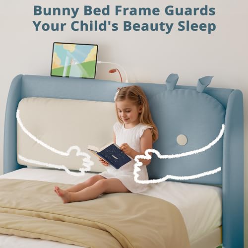 LIKIMIO Full Floating Bed Frame, Platform Bed Frame with Leather Upholstered Headboard, LED Light & Charging Station, Solid Wood Slats Support, No Box Spring Needed, Blue LIKIMIO