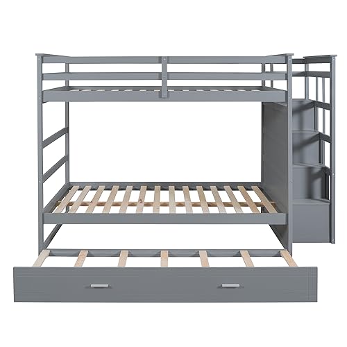 Full Over Full Bunk Bed with Trundle & Drawers & Storage Staircase,Wooden Full Triple Bunk Bed Frame with Full-Length Safety Guardrails and Headboard for Kids Teens Bedroom,Wood Slat Support,Gray Harper & Bright Designs