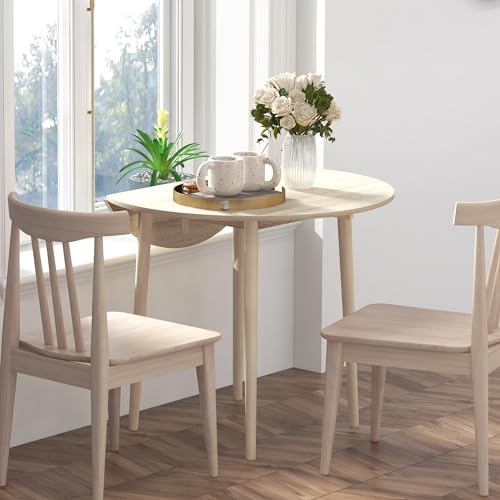 HOMCOM 35" Round Folding Dining Table, Collapsible Drop Leaf Table for Small Spaces, Small Kitchen Table with Solid Wood Legs for Dining Room, Oak HOMCOM