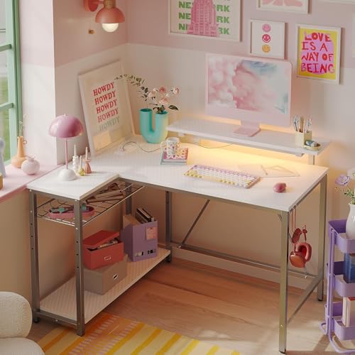 Bestier White Computer Desk with Charging Port & LED Strip,42 inch Modern Gaming Desk with Reversible Storage Shelves,Small L Shaped Desk with Hooks for Home Office Bestier