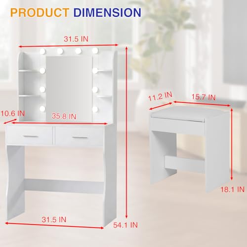 FDW Vanity Desk with Mirror and Lights, 2-Drawer Makeup Vanity Desk with 3 Adjustable Light Colors, 6 Shelves and Power Outlets for Bedroom, White FDW