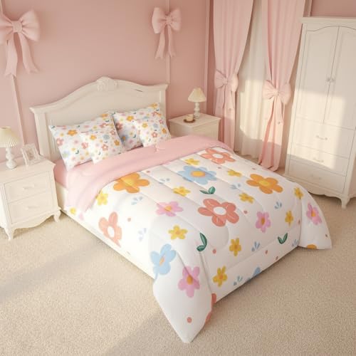 Erosebridal 7 Piece Cute Flower Comforter Sets with Sheets, Pink Floral Bedding Set Twin for Boys Sweet Girls Botanical Bed in A Bag Colorful Flowers Bed Set Erosebridal