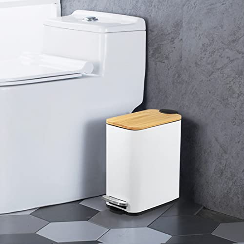SIDIANBAN Bathroom Trash Can with Bamboo Lid Soft Close and Foot Pedal, Small Rectangular Slim Garbage Can with Inner Wastebasket for Bedroom, Office, Kitchen, 1.3Gal/5L, White SIDIANBAN